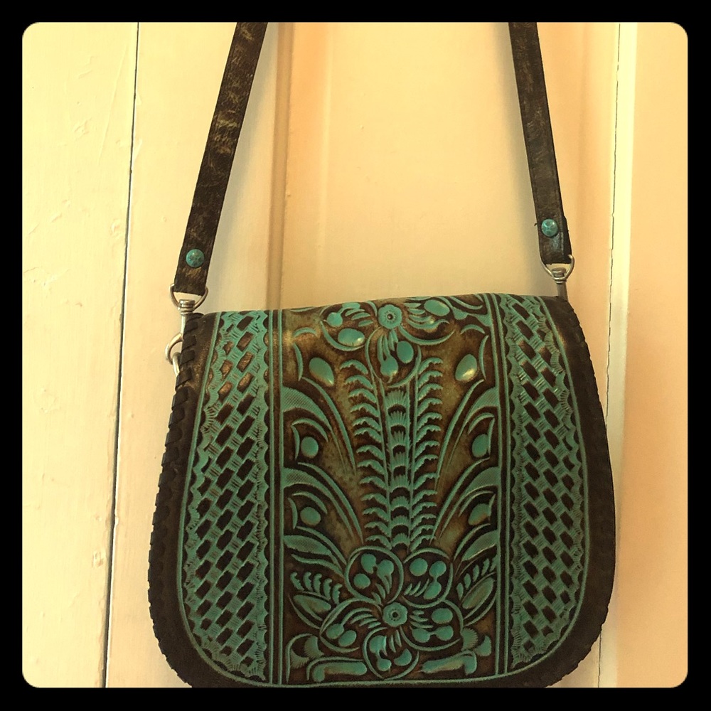 Patricia Nash brown and turquoise leather handbag